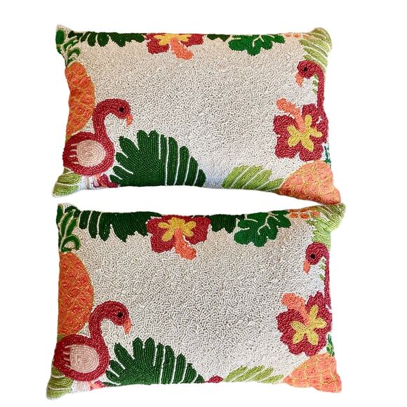 Vintage throw Pillows Multicolor Flamingo Flower Tropical Rectangle Beaded MCM